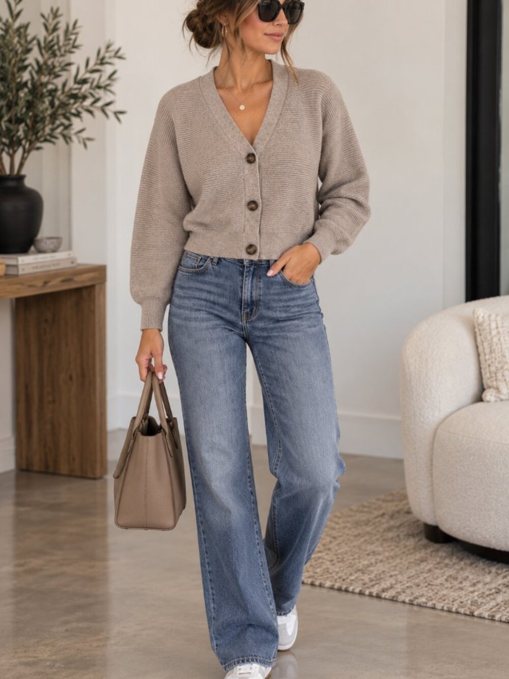 Cozy V-Neck Button Cardigan Sweater in Taupe